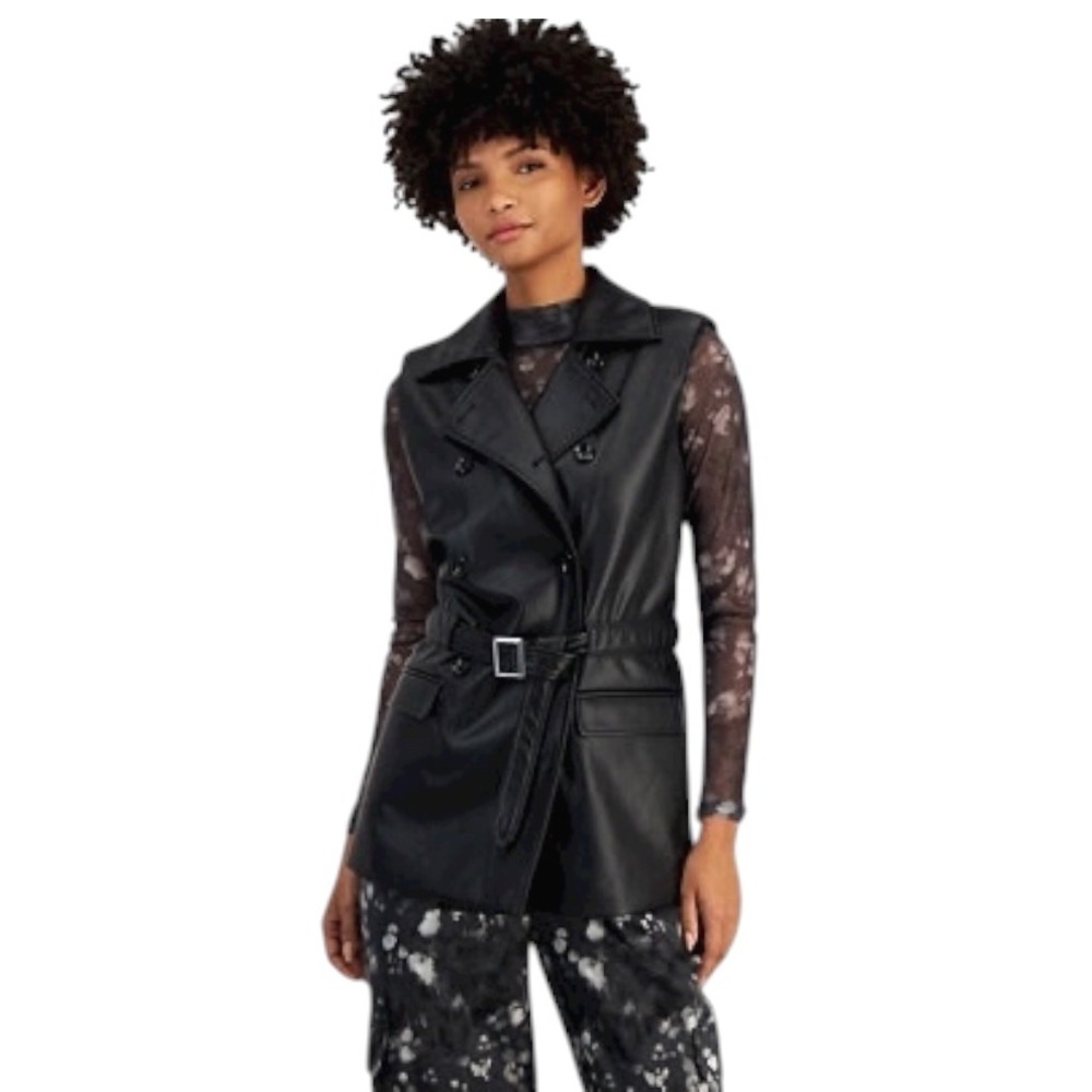 bar III Vest Women XS Black Faux Leather Belted Trench Vest Gothic Outdoor Punk
